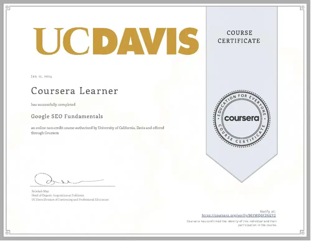 Digitalzed SEO Certificate Coursera 96YWQ6F3NGY3